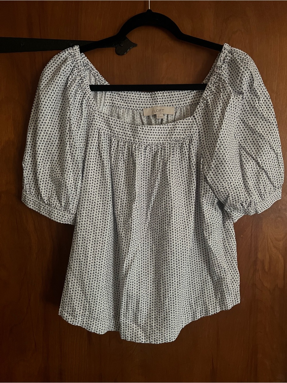 LOFT pretty White Square Neck Puff Sleeve Blouse with tiny black & white pattern